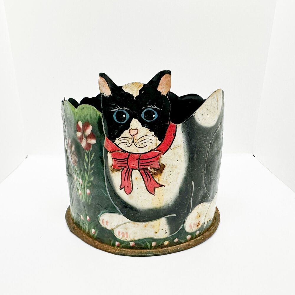 Vintage Metal Tin Cat Planter Tuxedo Bow